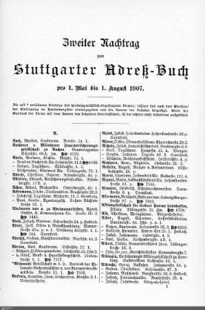 Nachtrag zum Stuttgarter Adreßbuch, 01.05.-01.08.1907
