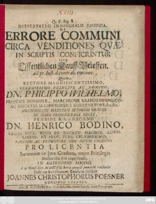 Dissertatio Inauguralis Juridica, De Errore Communi Circa Venditiones Qvae In Scriptis Conficiuntur Sive Offentlichen Kauff-Brieffen. ad pr. Inst. d. contrah. emtione