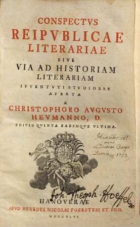 Conspectvs Reipvblicae Literariae Sive Via Ad Historiam Literariam : Ivventvti Stvdiosae Aperta