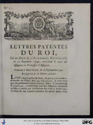 Lettres Patentes Du Roi, sur un Décret de l'Assemblée Nationale, du 12 Septembre 1790, concernant le cours des Assignats ou Promesses d'Assignats.