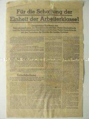 Sonderdruck zu den Ergebnissen der Gemeinsamen Konferenz von KPD und SPD in der Sowjetischen Besatzungszone mit dem Beschluss zur Vereinigung