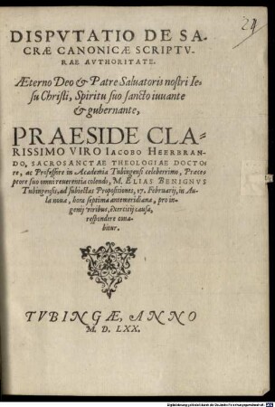 Dispvtatio De Sacrae Canonicae Scriptvrae Avthoritate