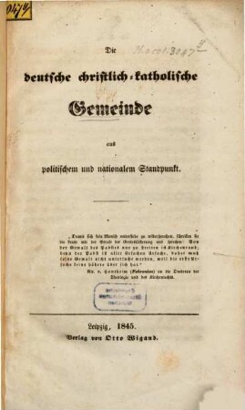 Die deutsche christlich-katholische Gemeinde aus politischem und nationalem Standpunkt