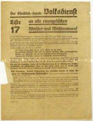 Aufruf des Christlich-sozialen Volksdienstes zur Reichstagswahl 1930