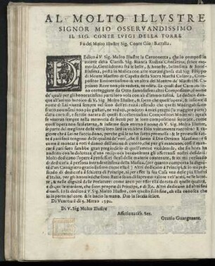 Dedikation an Conte Luigi della Torre, Sohn des verstorbenen Conte Giovanni Battista, von Oratio Guarguante [Zedler 11, Sp. 1193], Venedig 5. März 1591