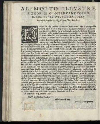 Dedikation an Conte Luigi della Torre, Sohn des verstorbenen Conte Giovanni Battista, von Oratio Guarguante [Zedler 11, Sp. 1193], Venedig 5. März 1591