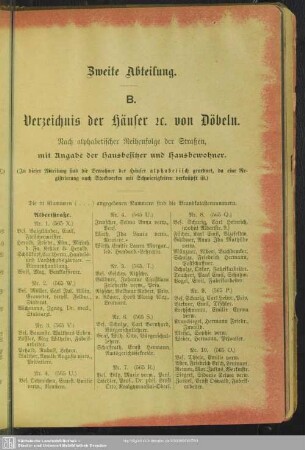 Zweite Abteilung. Häuserbuch : Zweite Abtheilung. B. Verzeichnis der Häuser etc. von Döbeln. Nach alphabetischer Reihenfolge der Straßen, mit Angabe der Hausbesitzer und Hausbewohner