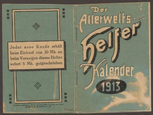 Werbebroschüre "Der Allerweltshelfer-Kalender 1913", Waren- und Möbel-Kredithauses "Belle-Alliance", Belle-Alliance-Straße 11