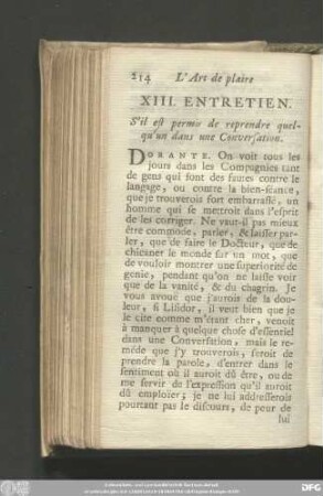 XIII. Entretien. S'il est permis de reprendre quelqu'un dans une Conversation.