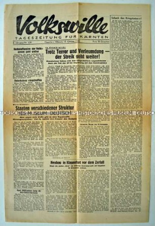 Kärntener Tageszeitung der Kommunistischen Partei Österreichs "Volkswille" mit Titel zum Streik der Bergarbeiter und Eisenbahner in Frankreich