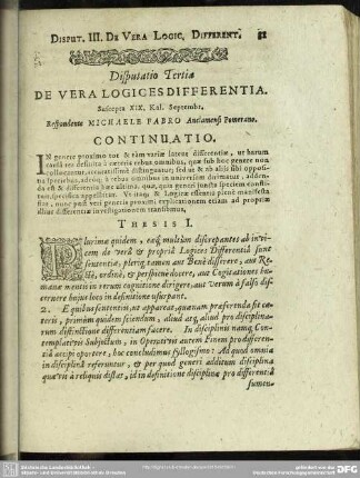 Disputatio Tertia De Vera Logices Differentia