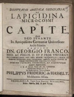 Disputatio Medica Ordinaria, De Lapicidina Microcosmi In Capite