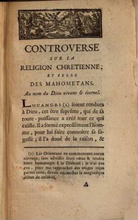 Controverse sur la religion chrétienne et celle des Mahométans, entre trois docteurs Musulmans, & un religieux de la nation maronite