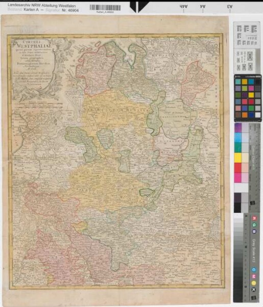 Westfälischer Kreis Circuli Westphaliae quoad partem septentrionalem in suos status ecclesiasticos & seculares divisi tabula geographica 1761 10 dt. Meilen = 10,7 cm 56 x 47 Homanns Erben, Nürnberg B 330/Ba I,9