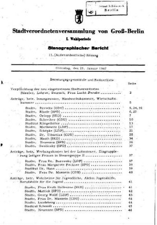 Nr. 11, 21. Januar 1947, Außerordentliche Sitzung