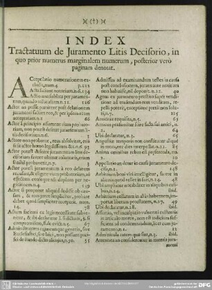 Index Tractatuum de Juramento Litis Decisorio, in quo prior numerus marginalem numerum, posterior verò paginam denotat