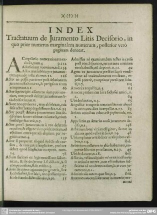 Index Tractatuum de Juramento Litis Decisorio, in quo prior numerus marginalem numerum, posterior verò paginam denotat
