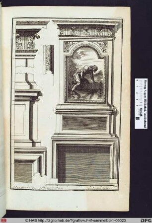 Entwurf für einen Kamin, darüber befindet sich ein Gemälde mit einer mythologischen Szene; links Architektonische Versatzstücke.