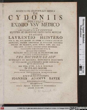 Dissertatio Inavgvralis Medica De Cydoniis Eorvmqve Eximio Vsv Medico