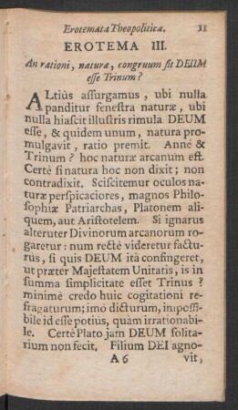 Erotema III. An rationi, naturae, congruum sit DEUM esse Trinum?