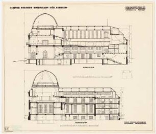 Kaiser-Wilhelm-Volkshaus für Lübeck: Längsschnitte durch den Westflügel und den Mittelbau 1:100, Maßstabsleiste; Handskizze Querschnitt durch den Mittelbau (ohne Maßstab)