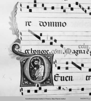Chorbuch : Buchseite mit vierzeiligen Neumen, Text und historisierter Initiale O (?) mit Johannes dem Täufer