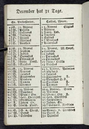 December hat 31 Tage. - Christmonat. Tagesl. 8 Stunden. Monds-Viertel und muthmaßliche Witterungen.