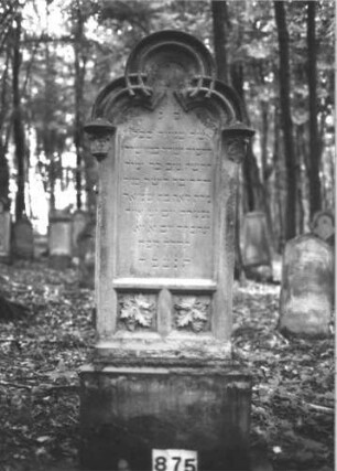 Grabstein 875 (Index: 99899321) Material: Sandstein Zustand: an den Ränder stark verwittert, hebräische Inschrift gut erhalten Maße HxBxT: 155x60x25 cm Beschreibung: aufgesockelte Stele mit Dreipassbogenabschluss, Bogenrahmen maßwerkähnlich gearbeitet, nach unten in Blattkapitellen endend, unter der Inschrift zwei quadratische Felder mit Weinlaub und -traube Symbolik: Weintraube und Weinlaub: Grabstein 875