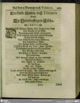 Der fünfte Sontag nach Trinitatis fänget Die Vernünfftigen Fische