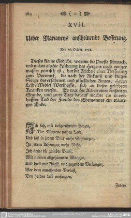 XVII. Ueber Marianens anscheinende Besserung. Den 16. Octobr. 1736