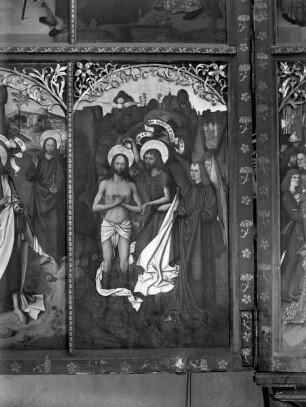 Altar in erster Öffnung — Szenen aus dem Leben Johannes des Täufers — Linker Außenflügel: Vier Szenen aus dem Leben des Heiligen — Die Taufe Christi