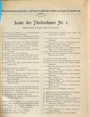 Versammlung deutscher und österreichischer Anthropologen in Innsbruck ; Liste der Theilnehmer Nr. 1. : Abgeschlossen 23. August 1894, 6 Uhr Abends