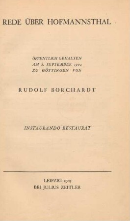 Rede über Hofmannsthal : öffentlich gehalten am 8. September 1902 zu Göttingen