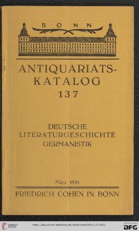 Nr. 137: Antiquariatskatalog / Friedrich Cohen, Buchhandlung und Antiquariat