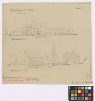 Korlingen ([Landkreis Trier]): Bauern- und Winzerhaus Becker-Oberhausen. zwei Übersichtsskizzen zum Lageplan. - Haus Becker-Oberhausen (Geländeschnitt A-B). - Nachbarhaus Kaiser (Geländeschnitt C-D)