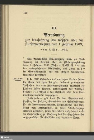 III. Verordnung zur Ausführung des Gesetzes über die Fürsorgeerziehung vom 1. Februar 1909; vom 6. Mai 1909
