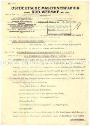 Geschäftsschreiben mit Prospekten über Dreschmaschinen