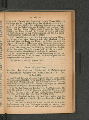 Bekanntmachung betreffend das Laden und Löschen von Schiffsfahrzeugen in Magdeburg, Neustadt und Buckau (25. Mai 1874 und 9. Juni 1875).