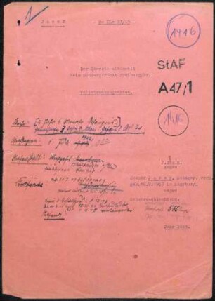 Angeklagte: Jaser, Kaspar (Metzger); Gottmadingen *16.09.1903 in Oberhausen (Bayern); + ? Waibel, Ludwig (Metzgermeister); Gottmadingen *22.11.1908 in Waldstetten; + ? Delikt: Verbrechen gegen die Kriegswirtschaftsverordnung Schwarzschlachtung Tatort: Gottmadingen Tatzeit: März 1940-November 1941