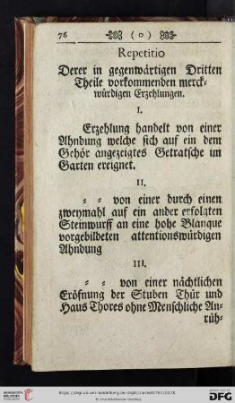 Repetitio derer in gegenwärtigen Dritten Theile vorkommenden merckwürdigen Erzehlungen