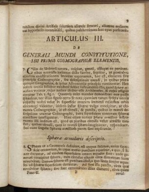 Articulus III. De Generali Mundi Constitutione, Seu Primis Cosmographiæ Elementis.