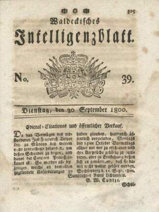 No. 39, Dienstag, den 30. September 1800