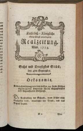 Sechs und Dreysigstes Stück; den 4ten September. Wien, 1775.