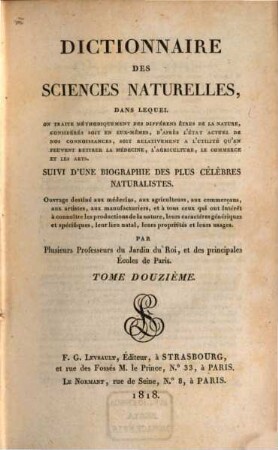 Dictionnaire des sciences naturelles : dans lequel on traite méthodiquement des différens êtres de la nature, considérés soit en eux-mêmes, d'après l'état actuel de nos connoissances, soit relativement à l'utilité qu'en peuvent retirer la médecine, l'agriculture, le commerce et les arts, suivi d'une biographie des plus célèbres naturalistes ; ouvrage destiné aux médecins, aux agriculteurs, aux commerçans, aux artistes, aux manufacturiers, et à tous ceux qui ont intérêt à connoître les productions de la nature, leurs caractères génériques et spécifiques, leur lieu natal, leurs propriétés et leurs usages, 12. Crit - Daz