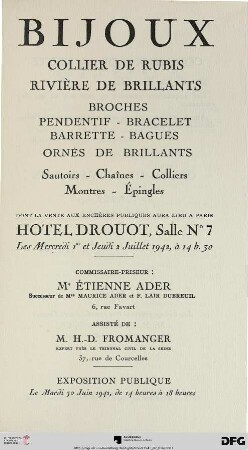 Bijoux : collier de rubis, rivière de brillants, broches, pendentif, bracelet, barrette, bagues ornés de brillants, sautoirs, chaînes, colliers, montres, épingles ; Hôtel Drouot, 1er et 2 juillet 1942