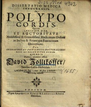 Dissertatio Medica Inauguralis, De Polypo Cordis