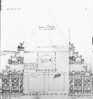 Dessau, ehem. Schloss- und Stadtpfarrkirche, St. Marien, Westfassade, Zeichnung, Hauptbau Ulrich von Schmiedeberg 1506-1523; Einwölbung 1540/41 Melchior Wilde und Ludwig Binder; Westturm von Ludwig Binder 1551-1554; Kirche heute Konzerthalle
