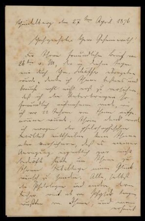 Brief von Georg Quincke an Franz Ernst Neumann, Heidelberg, 27.4.1876
