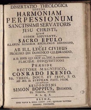 Dissertatio Theologica Sistens Harmoniam Perpessionum Sanctissimi Servatoris Jesu Christi