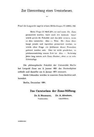 Zur Ehrenrettung eines Vertorbenen.